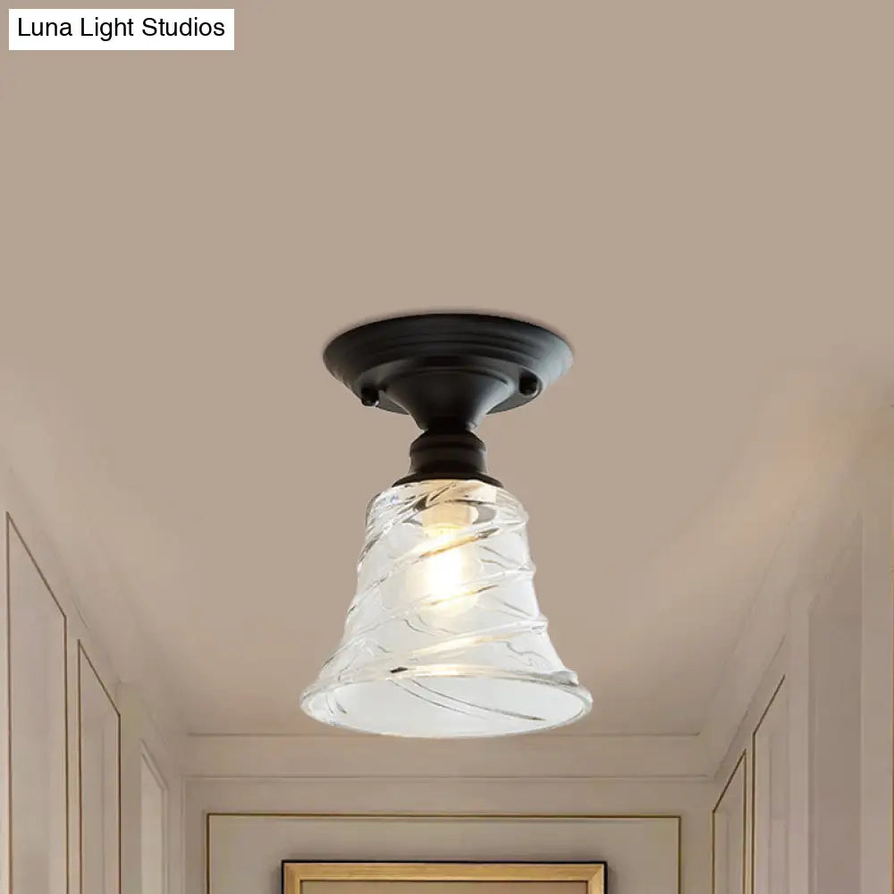 Wavy/Wide Flare Semi - Flush Mount Industrial Black Clear Textured Glass Lighting Fixture