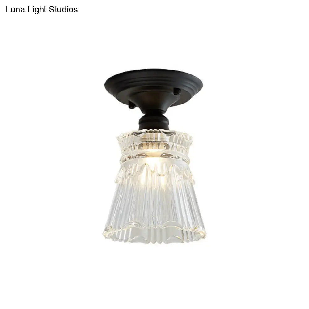 Wavy/Wide Flare Semi - Flush Mount Industrial Black Clear Textured Glass Lighting Fixture