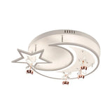 White Acrylic Moon Star Semi Flushmount Ceiling Light With Flower Crystal Accent - Modern Led Lamp