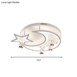 White Acrylic Moon Star Semi Flushmount Ceiling Light With Flower Crystal Accent - Modern Led Lamp