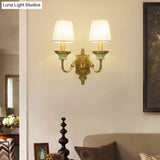 White And Brass Fabric Wall Mounted Light - Minimalist Tapered Sconce