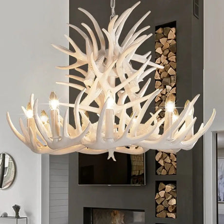 White Antler Chandelier Lighting Rustic Resin 21.5’/25.5’/27.5’ Wide 9/12 Heads Living Room