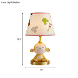 White Cone Nightstand Table Lamp With Cartoon Print Gold Monkey Base