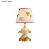 White Cone Nightstand Table Lamp With Cartoon Print Gold Monkey Base