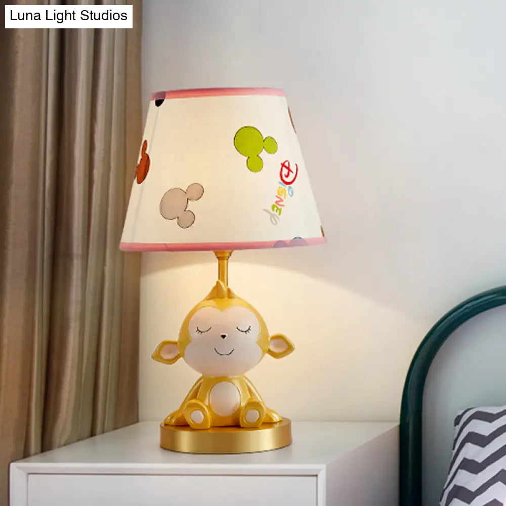 White Cone Nightstand Table Lamp With Cartoon Print Gold Monkey Base