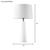 White Contemporary Desk Lamp With Fabric Shade - 1 Bulb Tapered Drum Night Table Light