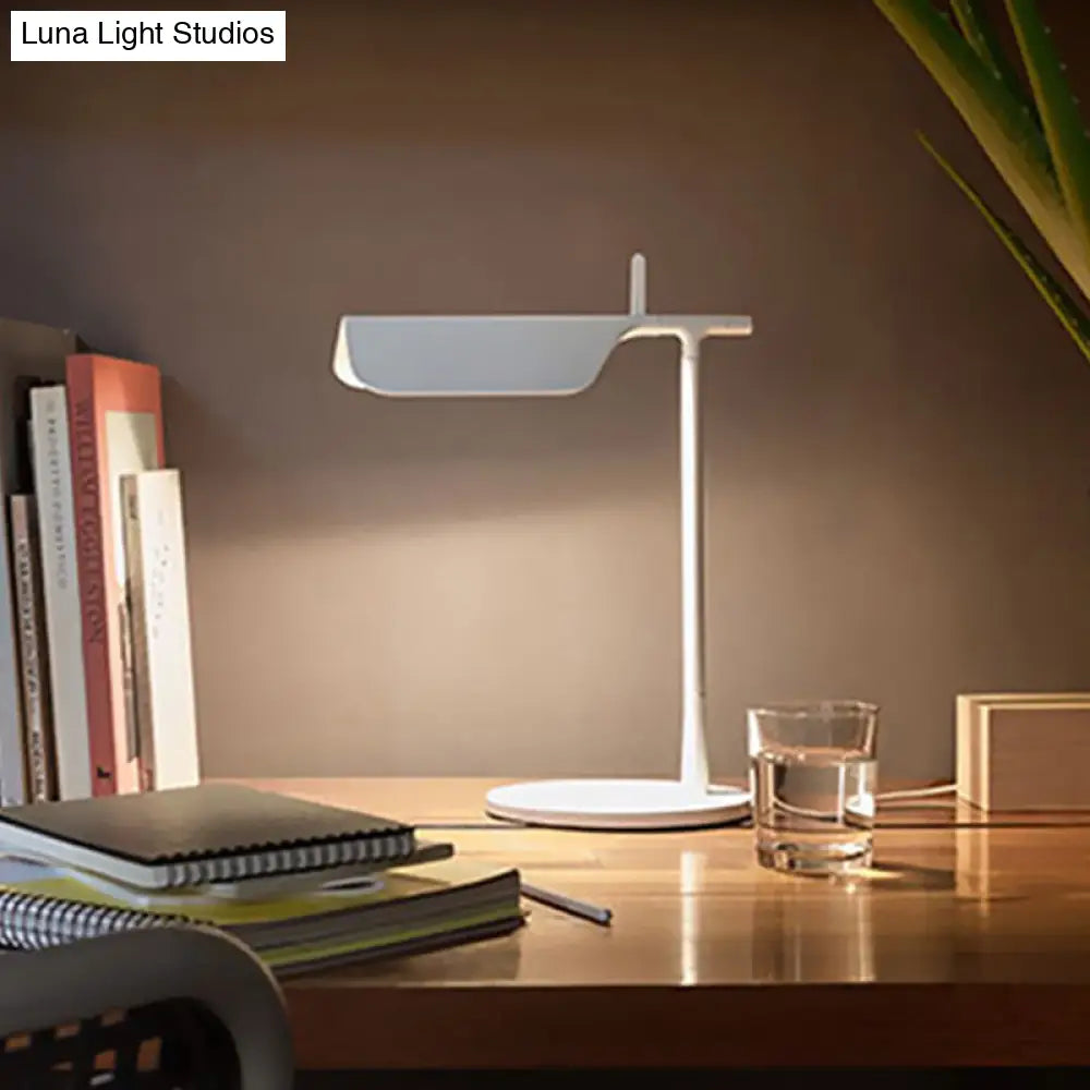 White Contemporary Led Desk Lamp For Bedroom Sleek Triangular Metal Nightstand Light