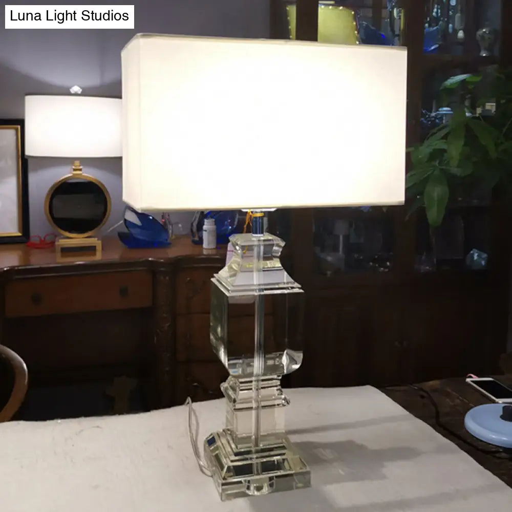 White Crystal Table Lamp - Modern Rectangle Design With Fabric Shade