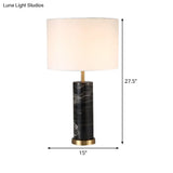 White Cylinder Nordic Table Lamp With Black Marble Base - Task Light 1 Bulb Fabric Nightstand