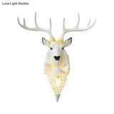 White Deer Wall Sconce Light Fixture With Crystal Teardrop Shade - 1 Bulb Resin Country Lighting