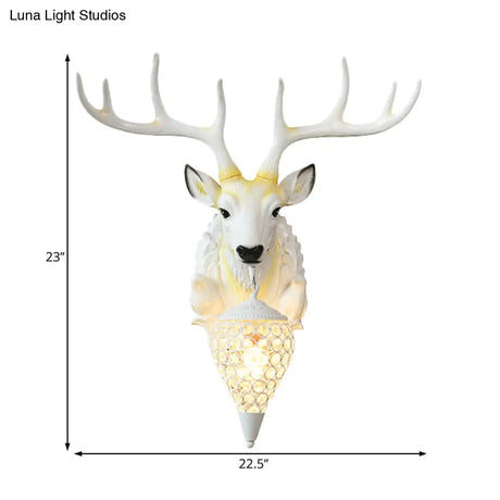 White Deer Wall Sconce Light Fixture With Crystal Teardrop Shade - 1 Bulb Resin Country Lighting