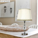 White Drum Table Lamp With Crystal Accent - Elegant Bedroom Nightstand Light