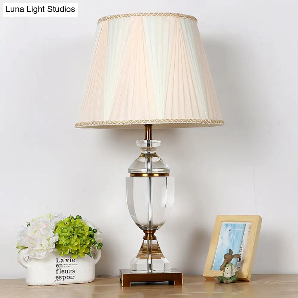 White Fabric Bedroom Nightstand Lamp With Crystal Base - Single Head Countryside Night Light