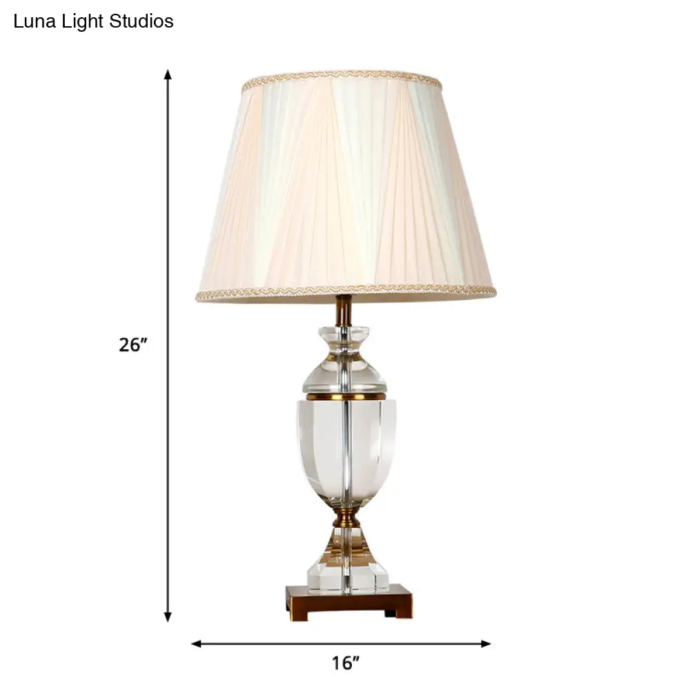 White Fabric Bedroom Nightstand Lamp With Crystal Base - Single Head Countryside Night Light