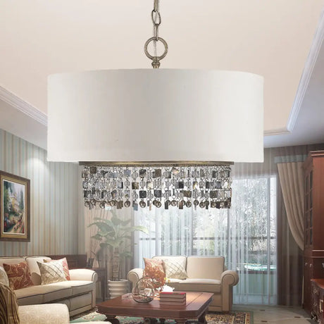 White Fabric Ceiling Chandelier Drum Shade Pendant Light - 5-Light Fixture With Crystal Droplet