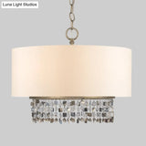 White Fabric Ceiling Chandelier Drum Shade Pendant Light - 5-Light Fixture With Crystal Droplet