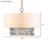 White Fabric Ceiling Chandelier Drum Shade Pendant Light - 5-Light Fixture With Crystal Droplet