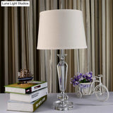 White Fabric Table Lamp With Hand-Cut Crystal Accent And Modern Baluster Design