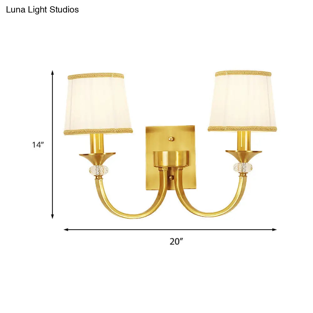 White Fabric Wall Sconce With Traditional Drum And Crystal Accent In Brass - 2 Heads