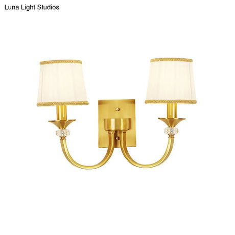 White Fabric Wall Sconce With Traditional Drum And Crystal Accent In Brass - 2 Heads