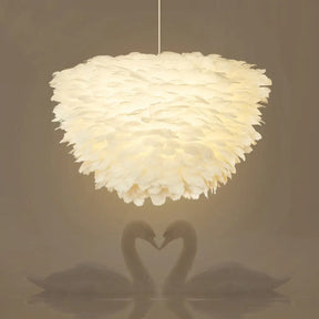 White Floral Pendant Chandelier With Feather Accent - Simple Dining Room Lighting / 13’