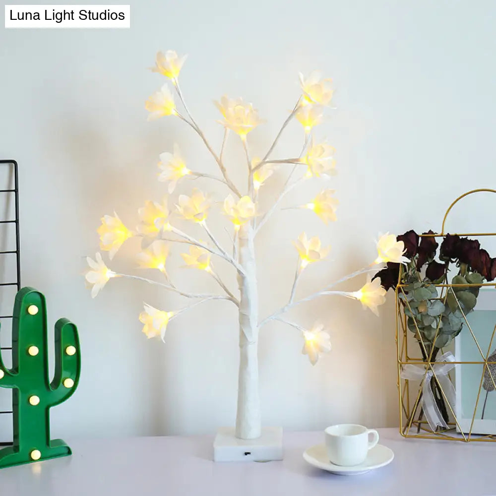 White Floral Tree Led Table Lamp: Modern Metallic Decor For Living Room
