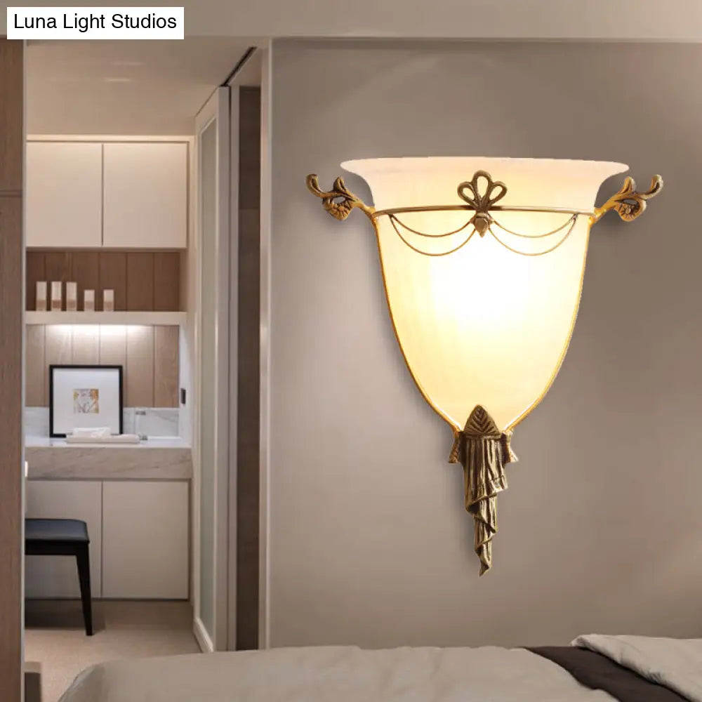 White Glass Bell Sconce Light - Traditional Wall Lighting Fixture For Hallway