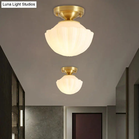 White Glass Brass Flush Lamp - Scalloped/Shell/Trapezoid Design 1 - Light Cottage Ceiling Mount For