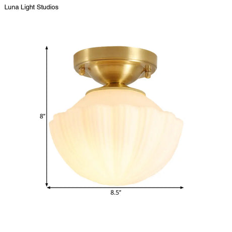 White Glass Brass Flush Lamp - Scalloped/Shell/Trapezoid Design 1 - Light Cottage Ceiling Mount For