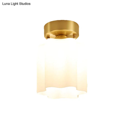 White Glass Brass Flush Lamp - Scalloped/Shell/Trapezoid Design 1 - Light Cottage Ceiling Mount For