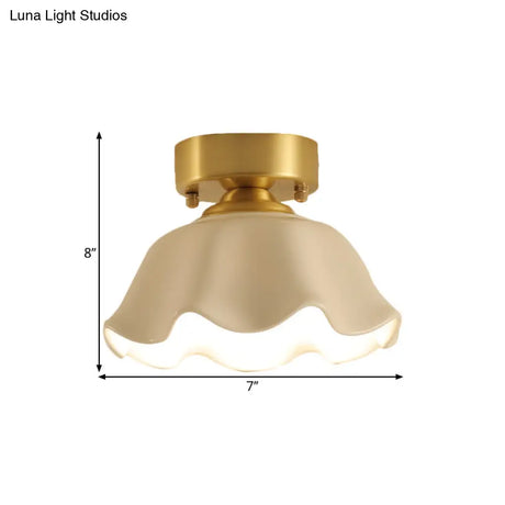 White Glass Brass Flush Lamp - Scalloped/Shell/Trapezoid Design 1 - Light Cottage Ceiling Mount For