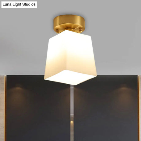 White Glass Brass Flush Lamp - Scalloped/Shell/Trapezoid Design 1 - Light Cottage Ceiling Mount For