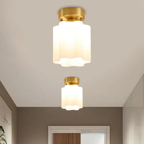 White Glass Brass Flush Lamp - Scalloped/Shell/Trapezoid Design 1 - Light Cottage Ceiling Mount For