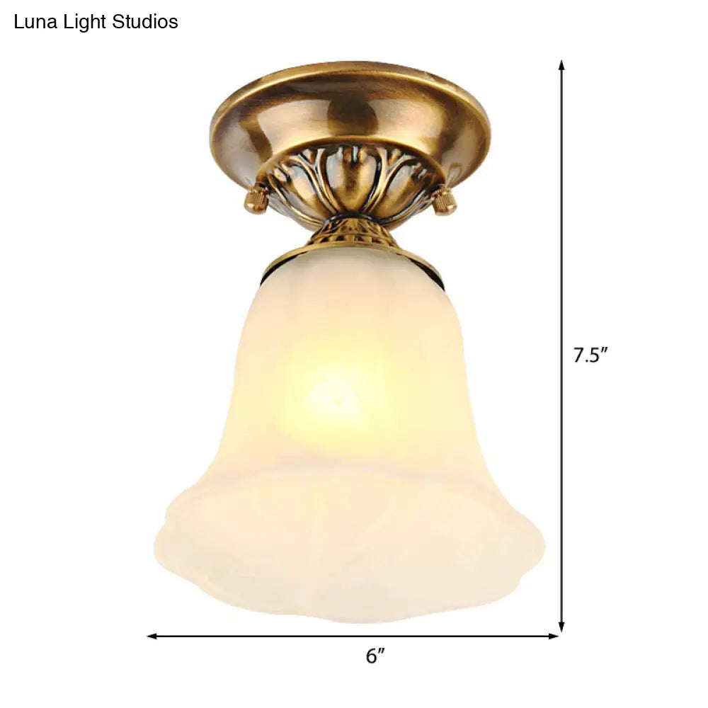 White Glass Ceiling Light Fixture With Classic Brass Bell - 1 Flush Mount For Living Room