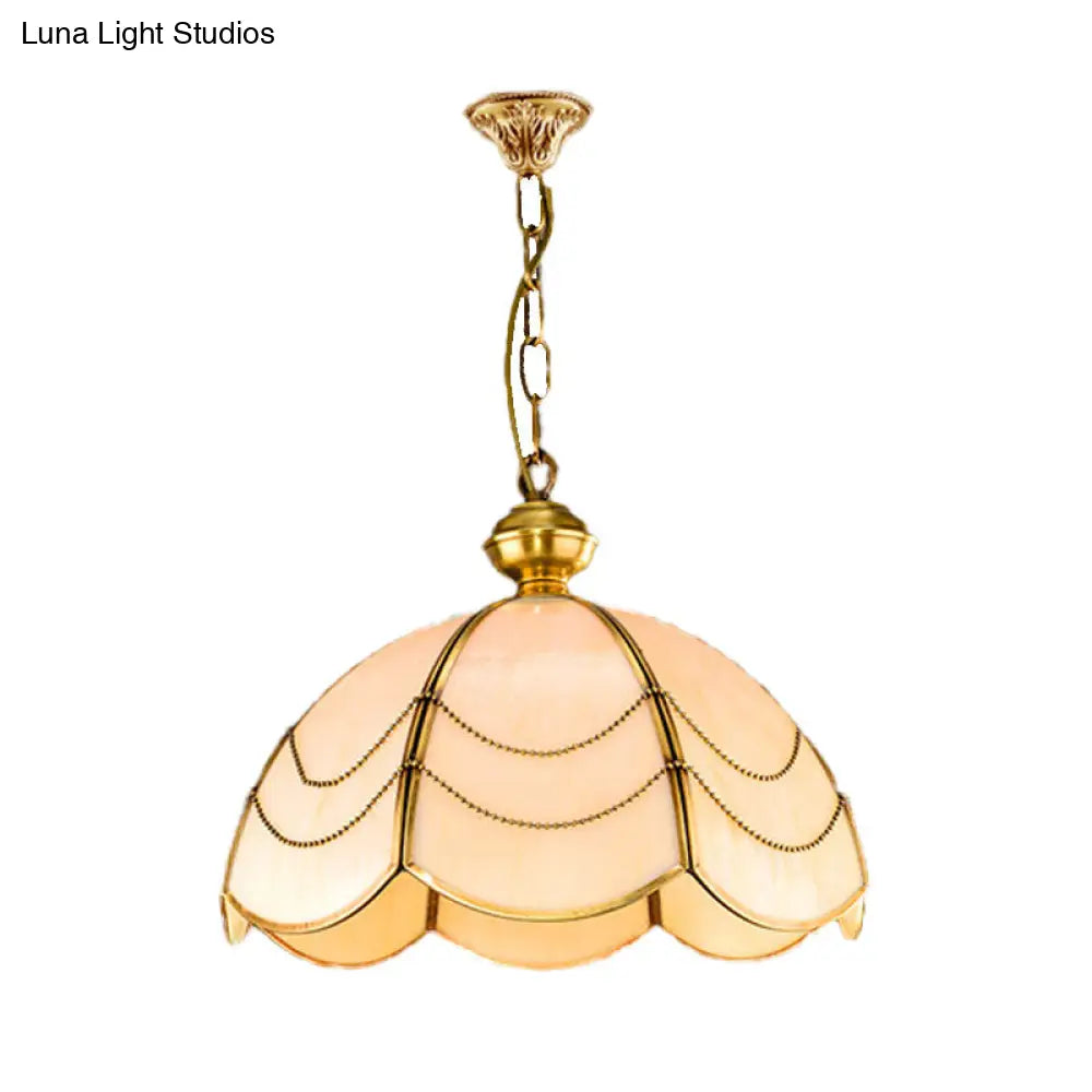 White Glass Chandelier Light - Scalloped Colonial Style Dining Room Pendant Lamp (3 Bulbs)