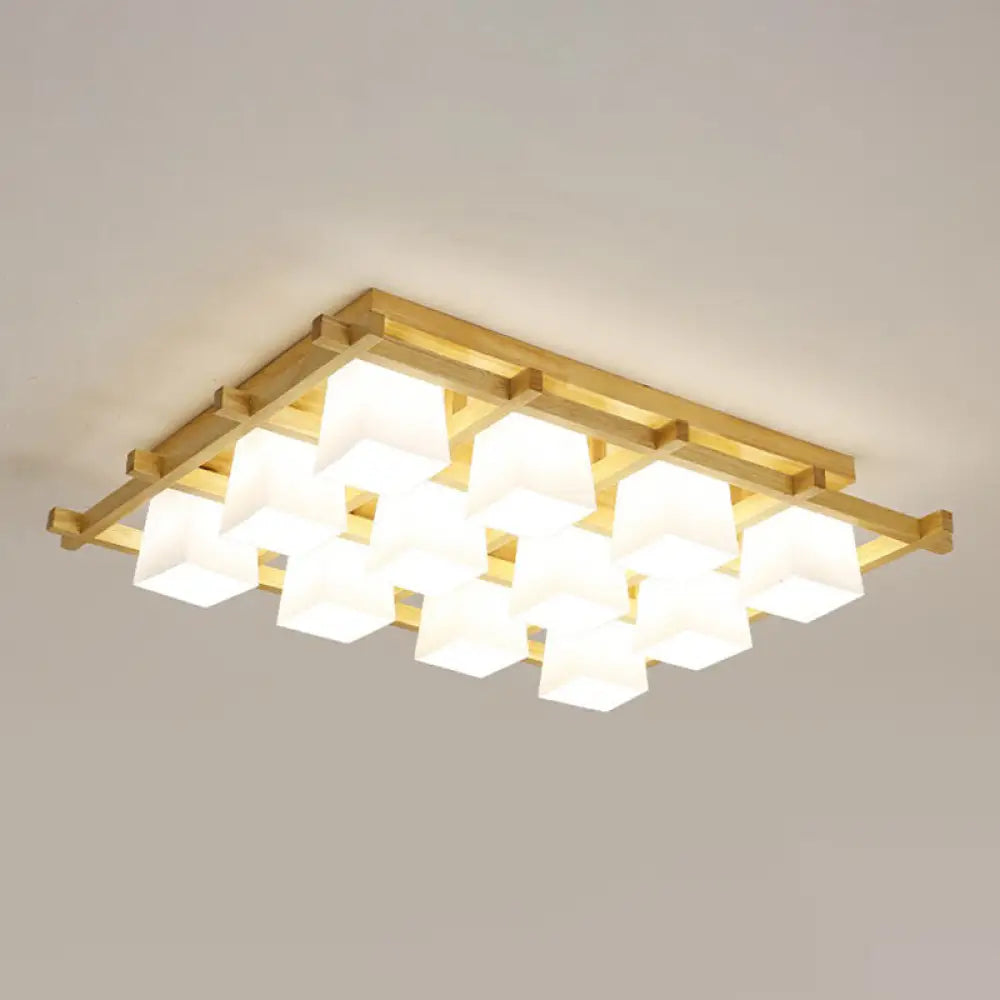 White Glass Cube Ceiling Flush Light - Modern Semi Mount Lighting With Wood Grid 12 /
