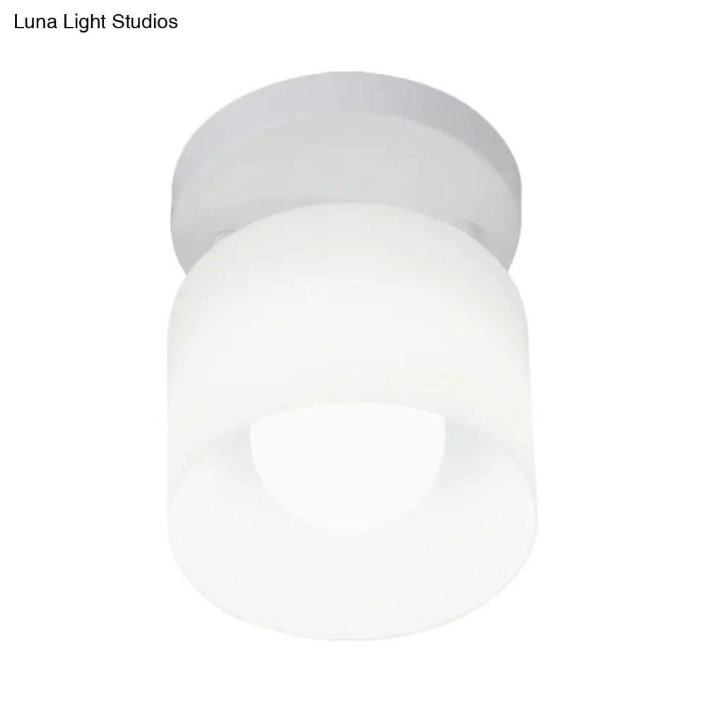 White Glass Cylinder Flush Ceiling Light With Simple Design And 1 Bulb