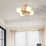 White Glass Flush Mount Chandelier With Nordic Style Ball Wood Canopy - Perfect For Bedrooms 4 /
