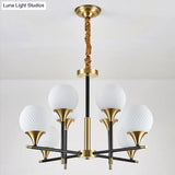 White Glass Global Chandelier With 8 Bulbs: Contemporary Bedroom Lamp Vertical Design