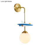 White Glass Globe Wall Light With Cartoon Plane Decor - 1-Light Fixture