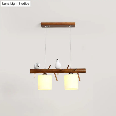 White Glass Led Pendant Light With Resin Bird - Cylinder Restaurant Island Hanging Fixture