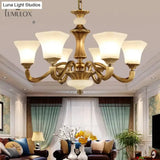 White Glass Pagoda Up Chandelier Traditional 3/6-Head Bedroom Hanging Pendant Light In Brass