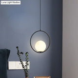 White Glass Pendant Light With Metal Ring - Simple Ball Ceiling Lamp