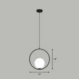 White Glass Pendant Light With Metal Ring - Simple Ball Ceiling Lamp Black / 14’