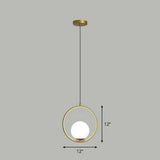 White Glass Pendant Light With Metal Ring - Simple Ball Ceiling Lamp Gold / 12’