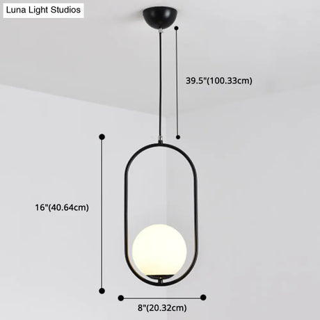 White Glass Pendant Light With Mid-Century Globe Design And Metal Ring