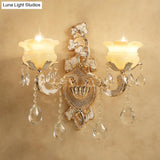 White Glass Wall Sconce With Crystal Draping Brass Mount - Traditional Candle Style Lighting (1/2
