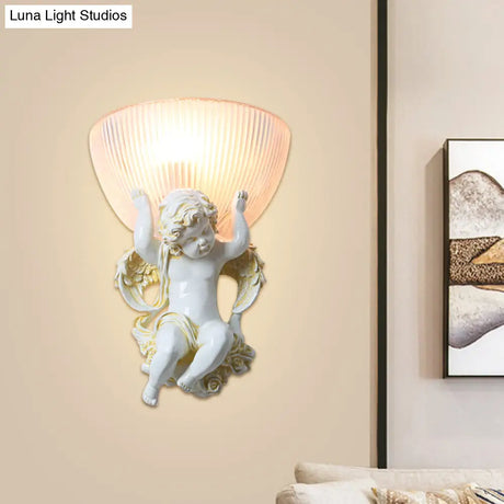White/Gold Resin Angel Wall Light Sconce With Frosted Ribbed Glass Shade
