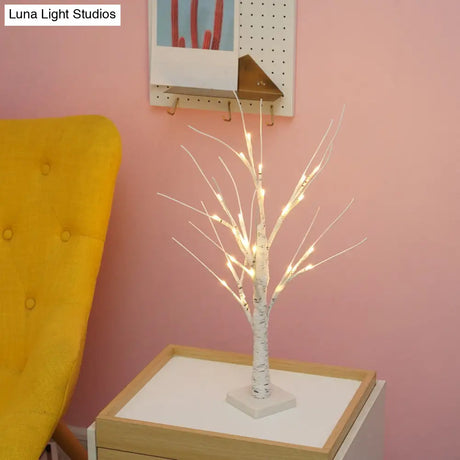 White Led Usb Nightstand Lamp: Plastic Birch Tree Art Decor For Living Room
