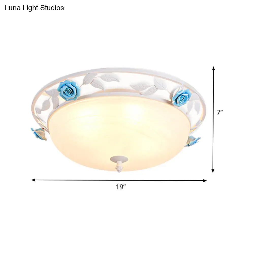 White Metal Flush Mount Ceiling Light For Living Room With Pastoral Dome Design And 1 Bulb